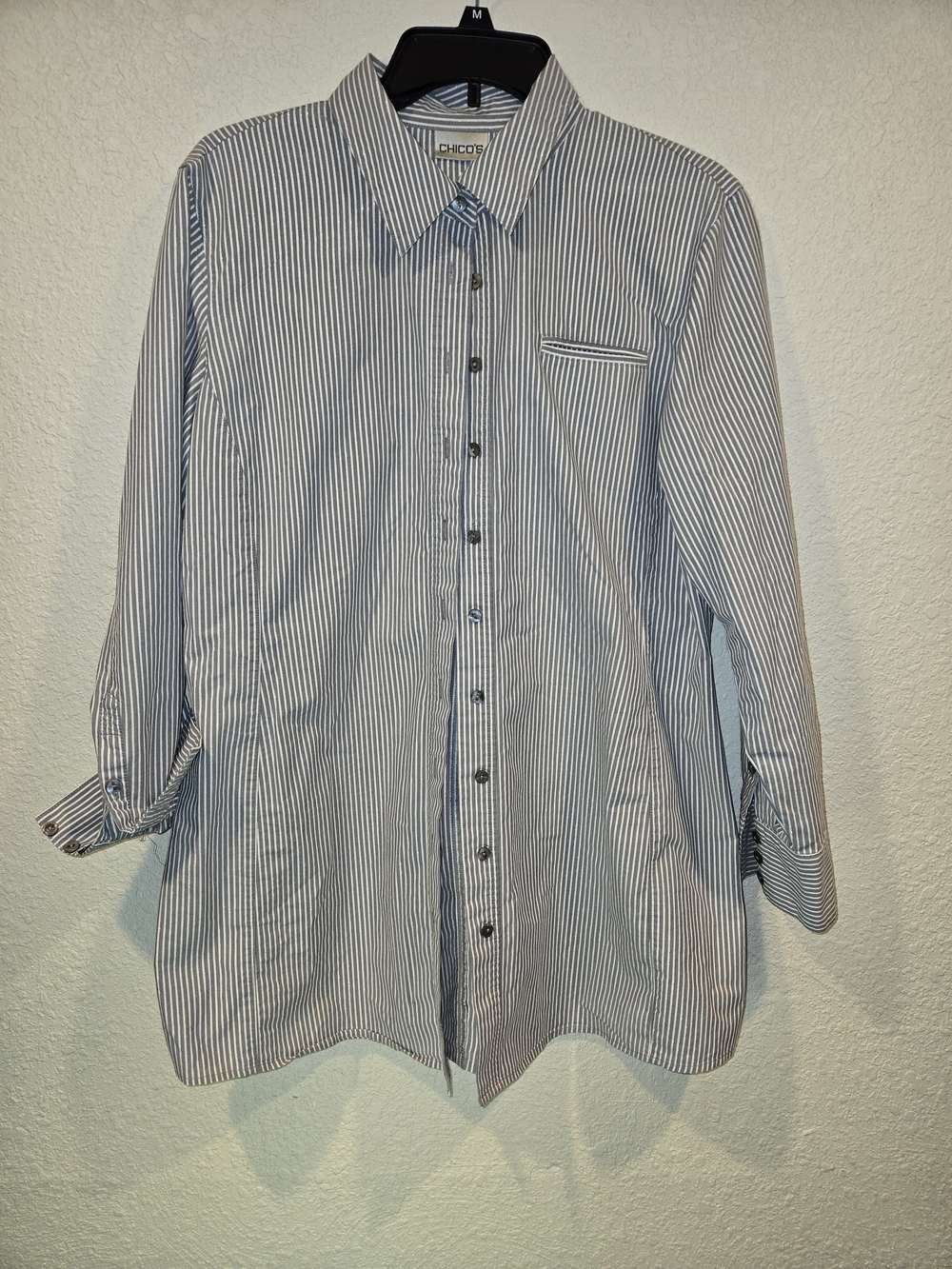 Chico's Women’s Gray & White Striped Button-Up Shirt Size 2 - Picture 3 of 5